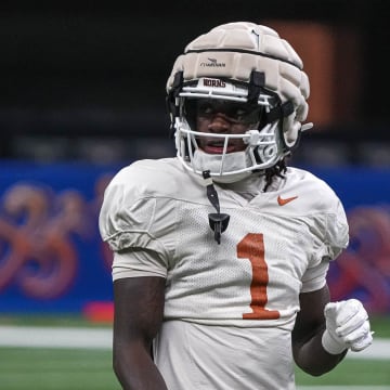 Texas Longhorns wide receiver Xavier Worthy (1) walks the field during practice at the Superdome on Thursday, Dec. 28, 2023 in New Orleans, Louisiana. The Texas Longhorns will face the Washington Huskies in the Sugar Bowl on January 1, 2024.