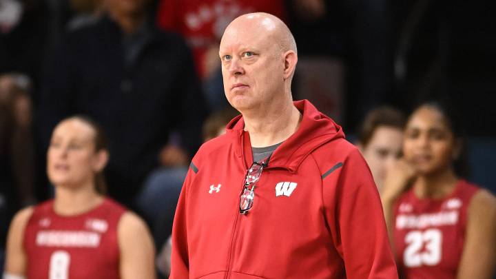 Wisconsin coach Kelly Sheffield watches the action against Marquette in a spring match Monday, March 23, 2026, at the Al McGuire Center in Milwaukee, Wisconsin.