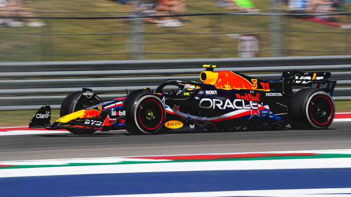 Oracle Red Bull Racing driver Sergio Perez rounds turn 17 during the first F1 practice at Circuit of