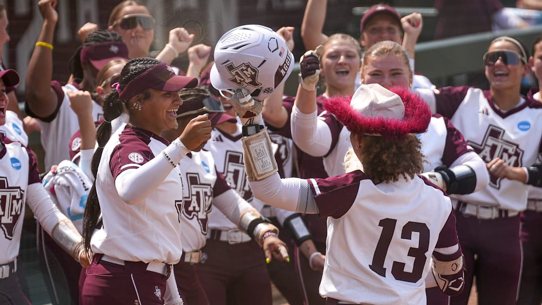 Texas A&M infielder Amari Harper (13) celebrates a home run as she runs home during the NCAA D1 Softball Tournament Regional against Saint Francis University at Davis Diamond at Texas A&M University on Friday, May 16, 2025 in College Station, Texas.