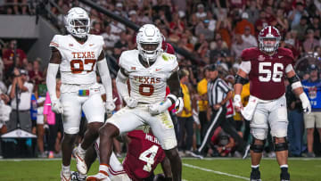 Texas Longhorns linebacker Anthony Hill Jr. (0) celebrates a sack during the game against Alabama at Bryant-Denny Stadium on Saturday, Sep. 9, 2023 in Tuscaloosa, Alabama.