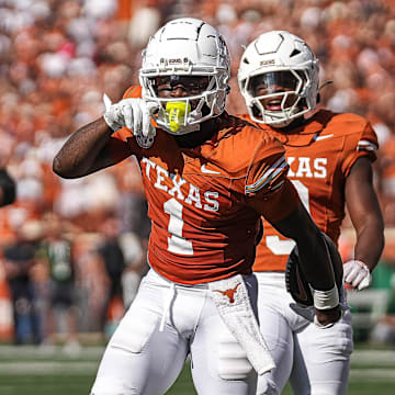 Texas Longhorns receiver Johntay Cook II (1) celebrates a first down during the game against Colorado State at Darrell K Royal-Texas Memorial Stadium in Austin Saturday, Aug. 31, 2024.