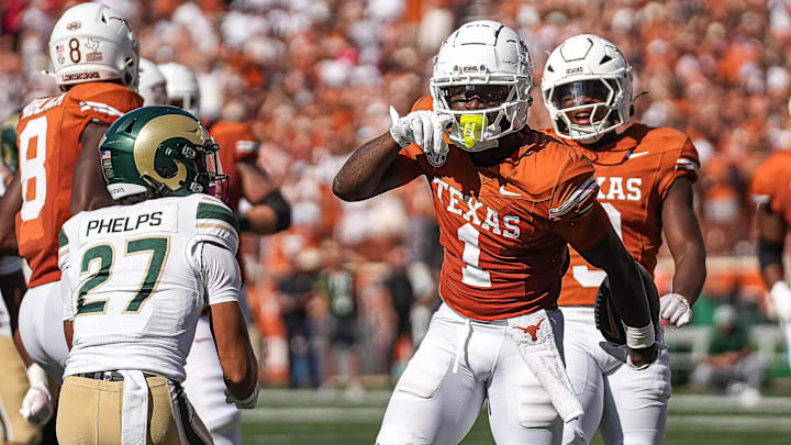 Texas Longhorns receiver Johntay Cook II (1) celebrates a first down during the game against Colorado State at Darrell K Royal-Texas Memorial Stadium in Austin Saturday, Aug. 31, 2024.