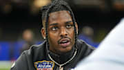 Dec 30, 2023; New Orleans, LA, USA; Texas Longhorns running back CJ Baxter (4) speaks to media during Texas Media Day at the Superdome. Mandatory Credit: Aaron E. Martinez/Austin American-Statesman-USA TODAY NETWORK