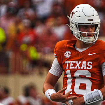 Texas Longhorns quarterback Arch Manning (16) lines up for a snap during the game against UTSA at Darrell K Royal-Texas Memorial Stadium in Austin Saturday, Sept. 14, 2024.