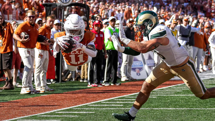 Texas Longhorns receiver Silas Bolden (11) dives for a touchdown during the game against Colorado State at Darrell K Royal-Texas Memorial Stadium in Austin Saturday, Aug. 31, 2024.