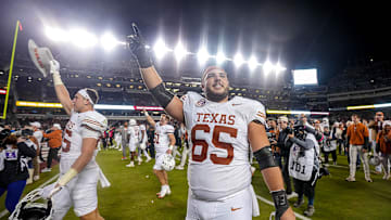 Nov 30, 2024; College Station, Texas, USA; Texas Longhorns offensive lineman Jake Majors (85) celebrates the 17-7 win over Texas A&M in the Lone Star Showdown at Kyle Field. Mandatory Credit: Sara Diggins/USA TODAY Network via Imagn Images