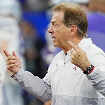 Dec 31, 2022; New Orleans, LA, USA; Alabama Crimson Tide head coach Nick Saban before the game against the Kansas State Wildcats in the 2022 Sugar Bowl at Caesars Superdome. Mandatory Credit: Andrew Wevers-Imagn Images