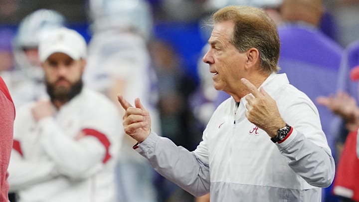 Dec 31, 2022; New Orleans, LA, USA; Alabama Crimson Tide head coach Nick Saban before the game against the Kansas State Wildcats in the 2022 Sugar Bowl at Caesars Superdome. Mandatory Credit: Andrew Wevers-Imagn Images