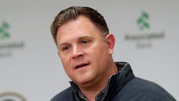 Green Bay Packers general manager Brian Gutekunst speaks to media after trading quarterback Aaron Rodgers to the New York Jets on April 25, 2023, at Lambeau Field in Green Bay, Wis.

Gpg Gutekunstpresser 042623 Sk27