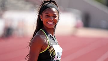 Team USA Red athlete Gabby Thomas (7083) walks the track ahead of the 1600 meter relay invitational at the Clyde Littlefield Texas Relays at Mike A. Myers Stadium on Saturday, March 29, 2025.