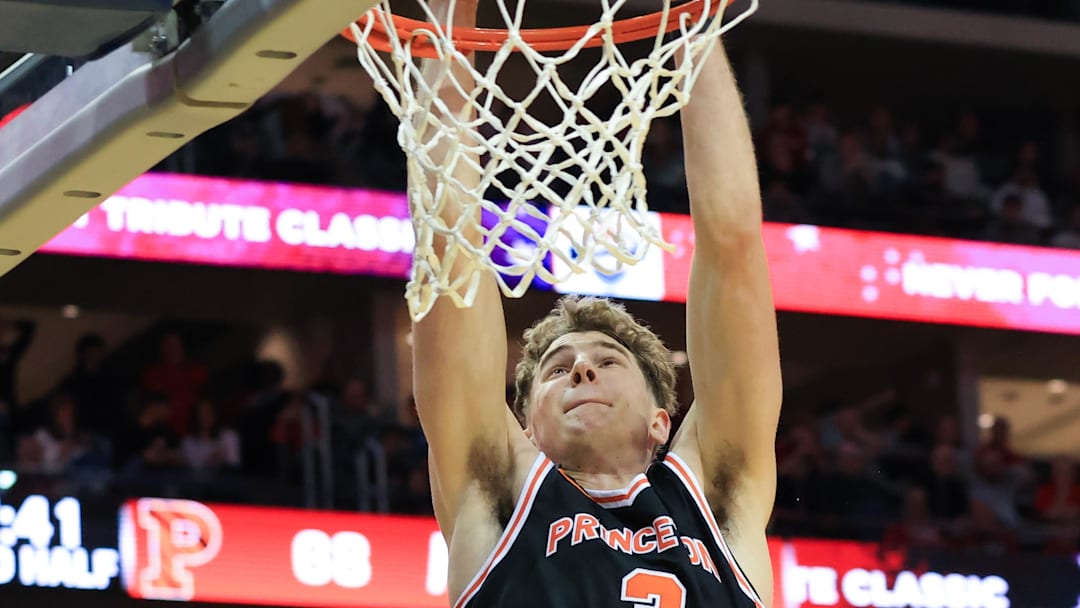 Dec 21, 2024; Newark, New Jersey, USA; Princeton Tigers forward Caden Pierce (3) dunks the ball against the Rutgers Scarlet Knights during the second half at Prudential Center. Mandatory Credit: Tom Horak-Imagn Images Dec 21, 2024; Newark, New Jersey, USA; Princeton Tigers forward Caden Pierce (3) dunks the ball against the Rutgers Scarlet Knights during the second half at Prudential Center. Mandatory Credit: Tom Horak-Imagn Images