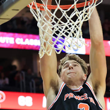 Dec 21, 2024; Newark, New Jersey, USA; Princeton Tigers forward Caden Pierce (3) dunks the ball against the Rutgers Scarlet Knights during the second half at Prudential Center. Mandatory Credit: Tom Horak-Imagn Images