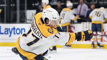 Apr 10, 2025; Salt Lake City, Utah, USA; Nashville Predators right wing Luke Evangelista warms up before a game against the Utah Hockey Club at Delta Center. Mandatory Credit: Rob Gray-Imagn Images