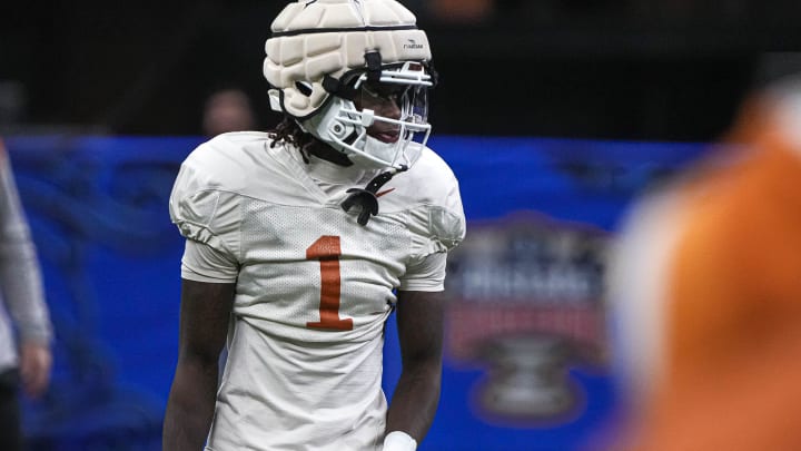 Texas Longhorns wide receiver Xavier Worthy (1) walks the field during practice at the Superdome on Thursday, Dec. 28, 2023 in New Orleans, Louisiana. The Texas Longhorns will face the Washington Huskies in the Sugar Bowl on January 1, 2024.