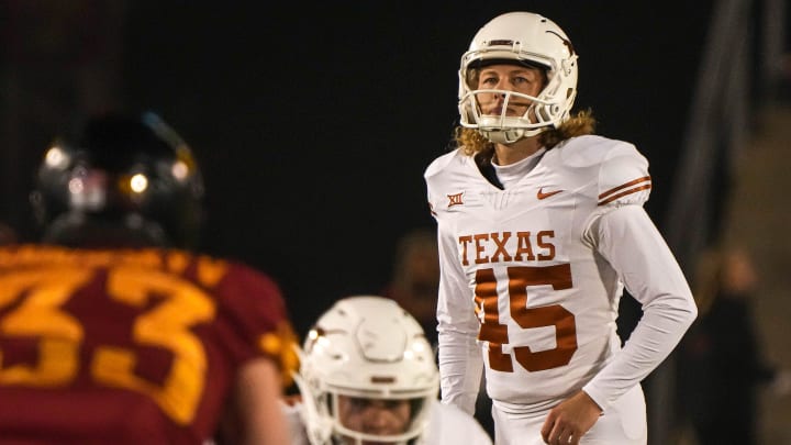 Texas Longhorns kicker Bert Auburn (45) lines up an extra point during the game against the Iowa State Cyclones at Jack Trice Stadium on Saturday, Nov. 8, 2023 in Ames, Iowa.