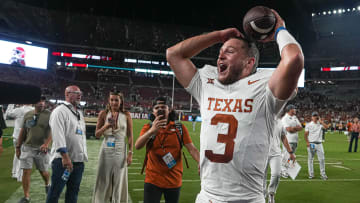 Texas Longhorns quarterback Quinn Ewers (3) celebrates the 34-24 win over Alabama at Bryant-Denny