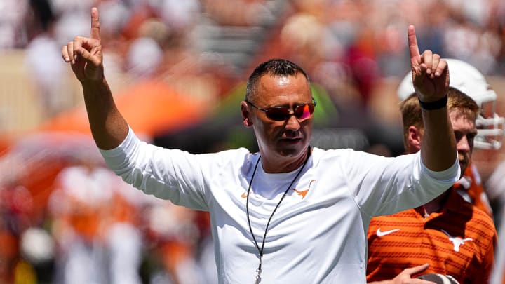 Texas Longhorns head coach Steve Sarkisian runs warm-ups ahead of the game against Colorado State at Darrell K Royal-Texas Memorial Stadium in Austin Saturday, Aug. 31, 2024.