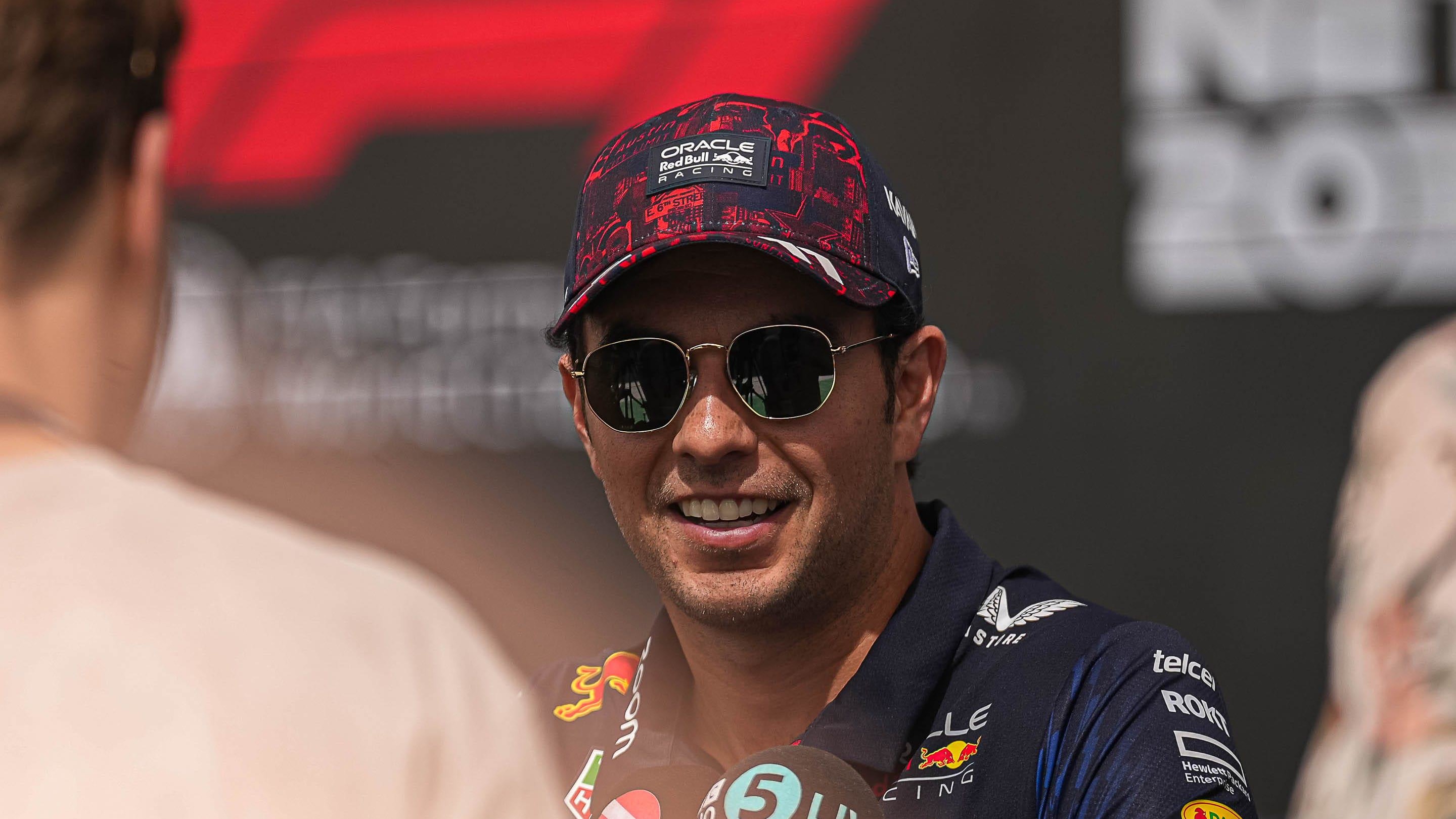 Oracle Red Bull driver Sergio Perez is interviewed in the paddock area at Circuit of Americas on