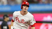 Oct 6, 2025; Philadelphia, Pennsylvania, USA; Philadelphia Phillies left fielder Max Kepler (17) runs to third base after hitting a triple against the Los Angeles Dodgers in the eighth inning during game two of the NLDS round for the 2025 MLB playoffs at Citizens Bank Park. Mandatory Credit: Bill Streicher-Imagn Images