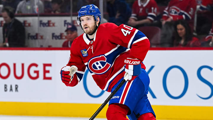 Apr 16, 2025; Montreal, Quebec, CAN; Montreal Canadiens right wing Joel Armia (40) skates against the Carolina Hurricanes in the third period at Bell Centre. Mandatory Credit: David Kirouac-Imagn Images