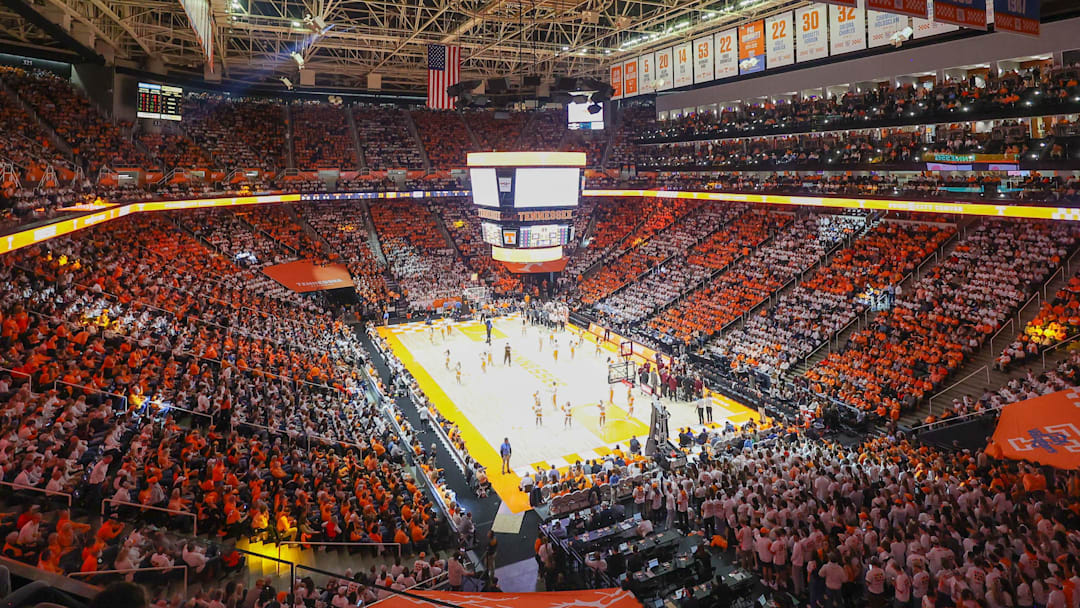 Feb 24, 2024; Knoxville, Tennessee, USA; Orange and White checkered Thompson-Boling Arena at Food City Center during the game between the Tennessee Volunteers and the Texas A&M Aggies. Mandatory Credit: Randy Sartin-Imagn Images