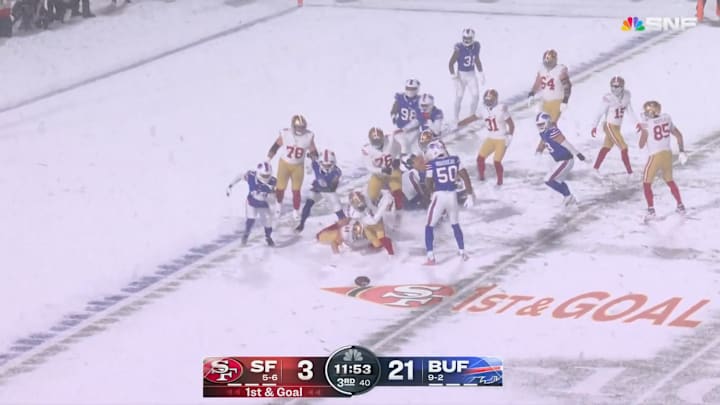 The Buffalo Bills prepare to recover a fumble by the San Francisco 49ers on Dec. 1, 2024. The Buffalo Bills prepare to recover a fumble by the San Francisco 49ers on Dec. 1, 2024.