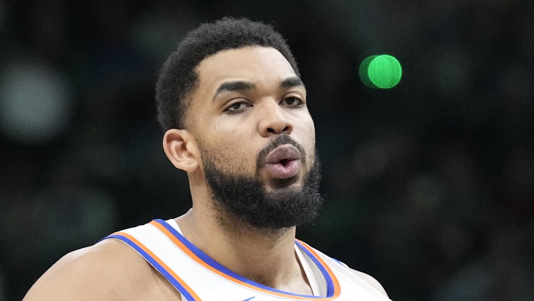 Feb 27, 2026; Milwaukee, Wisconsin, USA; New York Knicks center/forward Karl-Anthony Towns (32) before the tip off against the Milwaukee Bucks at Fiserv Forum. Mandatory Credit: Michael McLoone-Imagn Images