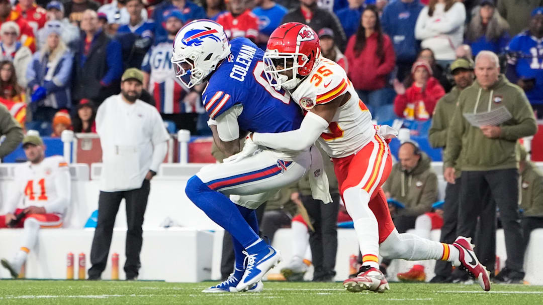 Nov 2, 2025; Orchard Park, New York, USA; Buffalo Bills wide receiver Keon Coleman (0) is brought down at Highmark Stadium.