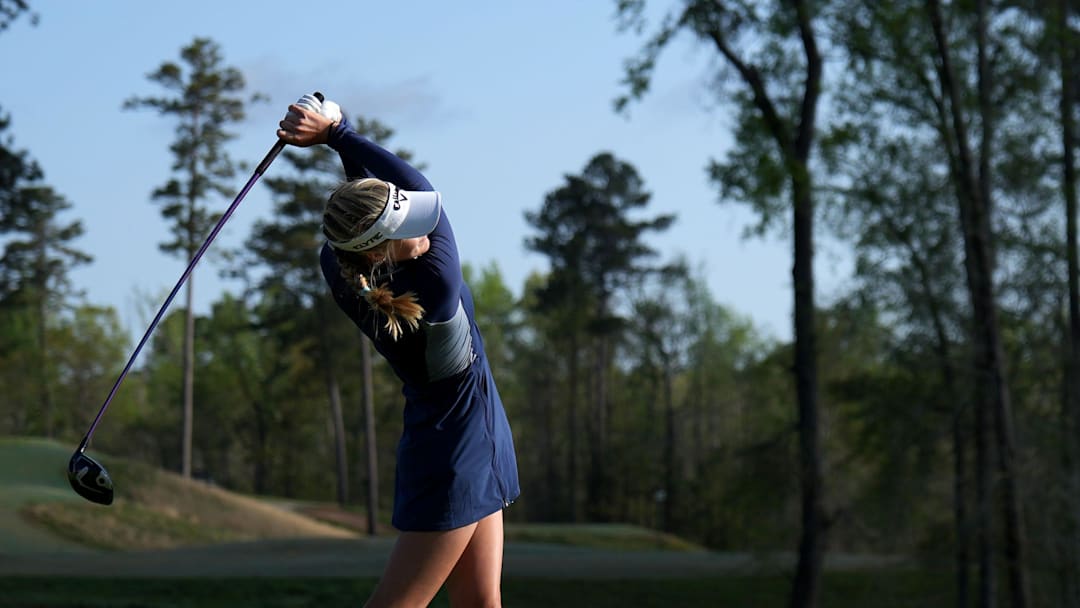 Apr 1, 2025; Evans, Georgia, USA; Scarlett Schremmer, of Ala., tees off No. two during the practice round of the Augusta National Women's Amateur at Champions Retreat. Mandatory Credit: Katie Goodale - Augusta Chronicle/USA TODAY NETWORK