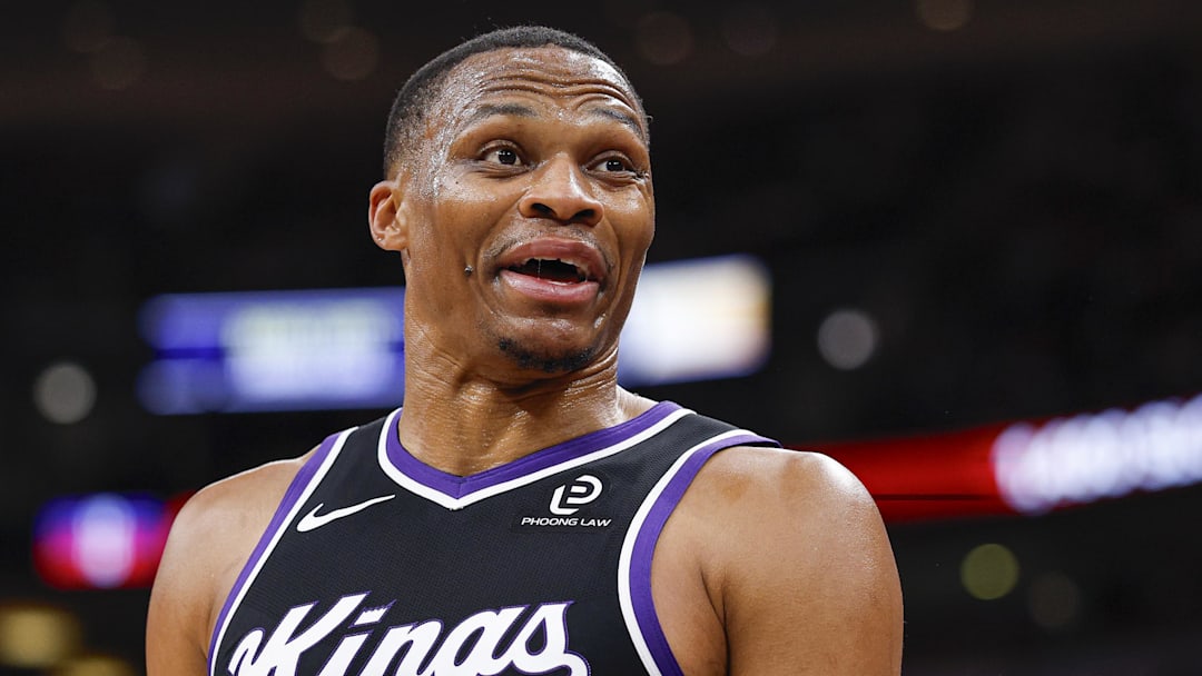 Oct 29, 2025; Chicago, Illinois, USA; Sacramento Kings forward Russell Westbrook reacts during the first half of an NBA game against the Chicago Bulls at United Center. Mandatory Credit: Kamil Krzaczynski-Imagn Images