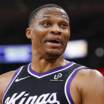 Oct 29, 2025; Chicago, Illinois, USA; Sacramento Kings forward Russell Westbrook reacts during the first half of an NBA game against the Chicago Bulls at United Center. Mandatory Credit: Kamil Krzaczynski-Imagn Images