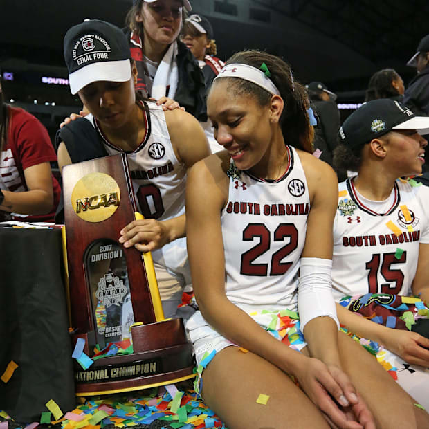 South Carolina Gamecocks forward A'ja Wilson (22) and guard Tiffany Davis (15) and guard Allisha Gray (10)