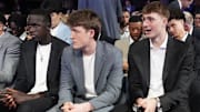 Duke players Cooper Flagg, Kon Knueppel and Khaman Maluach during the 2025 NBA Draft Lottery at McCormick Place
