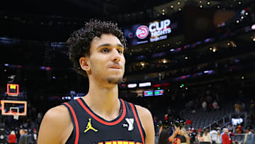 Atlanta Hawks forward Zaccharie Risacher after an NBA cup game against the Cleveland Cavaliers.
