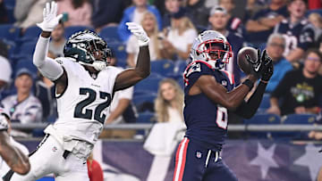 Aug 15, 2024; Foxborough, MA, USA; New England Patriots wide receiver Javon Baker (6) tris to make a catch while being covered by Philadelphia Eagles cornerback Kelee Ringo (22) during the first half at Gillette Stadium. Mandatory Credit: Eric Canha-Imagn Images