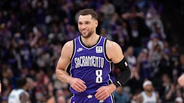 Feb 24, 2025; Sacramento, California, USA; Sacramento Kings guard Zach LaVine (8) reacts after scoring against the Charlotte Hornets during the fourth quarter at Golden 1 Center. Mandatory Credit: Ed Szczepanski-Imagn Images