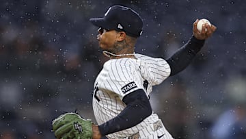 Apr 11, 2025; Bronx, New York, USA; New York Yankees starting pitcher Marcus Stroman (0) delivers a pitch during the first inning against the San Francisco Giants at Yankee Stadium. 