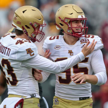 Oct 7, 2023; West Point, New York, USA; Boston College Eagles kicker Liam Connor (95) celebrates an extra point against the Army Black Knights during the second half at Michie Stadium. Mandatory Credit: Danny Wild-USA TODAY Sports