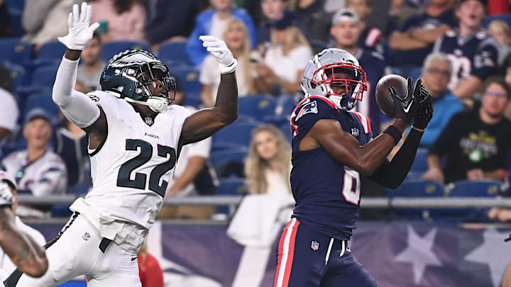 Aug 15, 2024; Foxborough, MA, USA; New England Patriots wide receiver Javon Baker (6) tris to make a catch while being covered by Philadelphia Eagles cornerback Kelee Ringo (22) during the first half at Gillette Stadium. Mandatory Credit: Eric Canha-Imagn Images