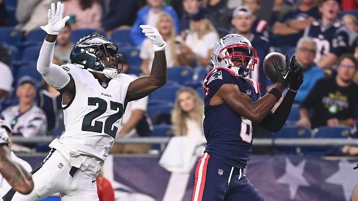 Aug 15, 2024; Foxborough, MA, USA; New England Patriots wide receiver Javon Baker (6) tris to make a catch while being covered by Philadelphia Eagles cornerback Kelee Ringo (22) during the first half at Gillette Stadium. Mandatory Credit: Eric Canha-Imagn Images