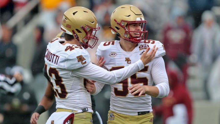 Oct 7, 2023; West Point, New York, USA; Boston College Eagles kicker Liam Connor (95) celebrates an extra point against the Army Black Knights during the second half at Michie Stadium. Mandatory Credit: Danny Wild-USA TODAY Sports