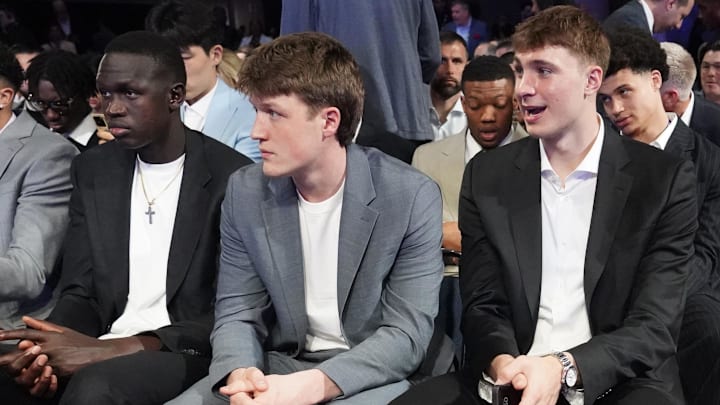 Duke players Cooper Flagg, Kon Knueppel and Khaman Maluach during the 2025 NBA Draft Lottery at McCormick Place Duke players Cooper Flagg, Kon Knueppel and Khaman Maluach during the 2025 NBA Draft Lottery at McCormick Place