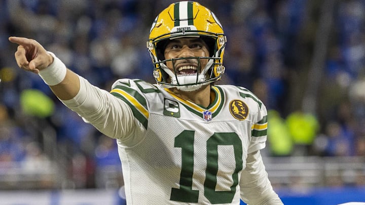 Nov 27, 2025; Detroit, Michigan, USA; Green Bay Packers quarterback Jordan Love (10) calls a play against the Detroit Lions during the second quarter at Ford Field.