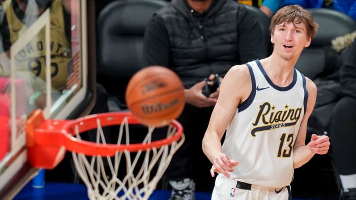 Team Detlef forward Matas Buzelis (13) of the G League Ignite watches his shot go in to win the game Friday, Feb. 16, 2024, during the 2024 Panini Rising Stars Game at Gainbridge Fieldhouse in downtown Indianapolis.