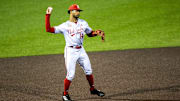 Nebraska's Brice Matthews fields a ball during a NCAA Big Ten Conference baseball game against Iowa, Friday, April 21, 2023, at Duane Banks Field in Iowa City, Iowa