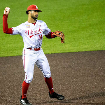 Nebraska's Brice Matthews fields a ball during a NCAA Big Ten Conference baseball game against Iowa, Friday, April 21, 2023, at Duane Banks Field in Iowa City, Iowa