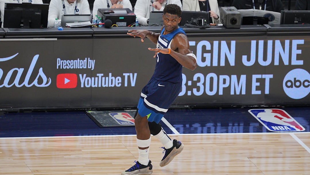 Minnesota Timberwolves guard Anthony Edwards reacts after a basket against the Oklahoma City Thunder during the first half in Game 3 of the Western Conference at Target Center in Minneapolis on May 24, 2025.