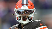 Cleveland Browns quarterback Shedeur Sanders (12) warms up before an NFL football game at Huntington Bank Field, Nov. 16, 2025, in Cleveland, Ohio.