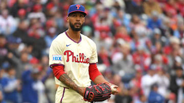 Apr 6, 2025; Philadelphia, Pennsylvania, USA; Philadelphia Phillies pitcher Cristopher Sánchez (61) reacts after allowing a two-run home run during the first inning against the Los Angeles Dodgers at Citizens Bank Park.